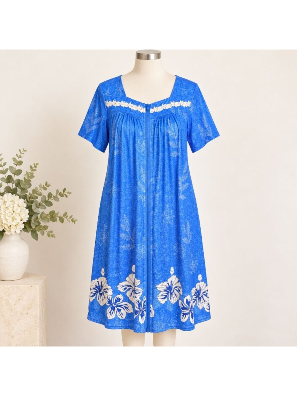 Ekouaer Blue Floral Duster Robe M Zip Front House Dress Tropical Lounge Sleep